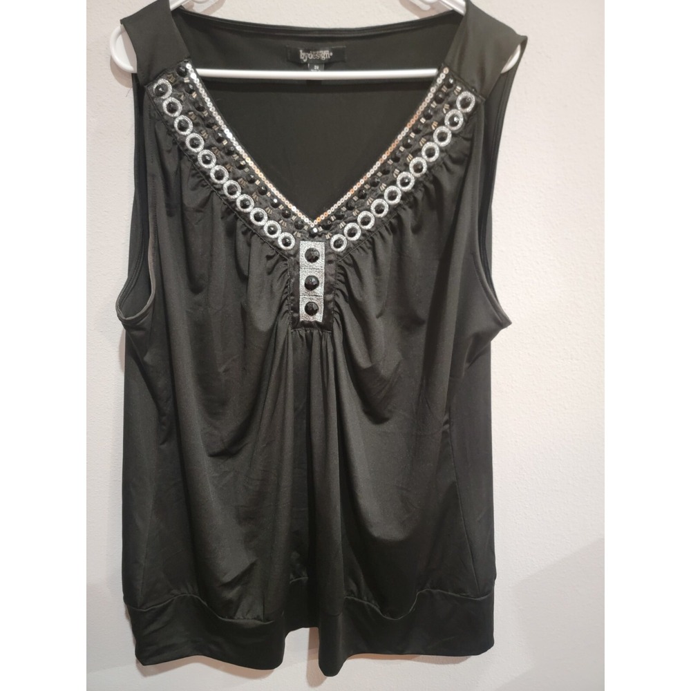 Woman By‎ Design 3X Black V-Neck Sleeveless Top, Beaded & Embellished Neckline